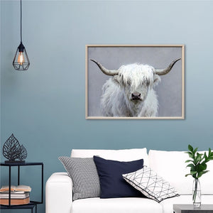 Ein weißes Cattle, schottisches Hochlandrind hängt an einer blauen Wand und schaut drollig von einem Gemälde. Das Bild vom Cattle hängt über einem weißen Sofa.
