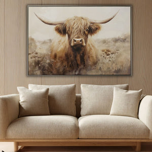 Gemälde eines schottischen Hochlandrindes in sanften Beige- und Brauntönen, detailliertes Highland Cattle Wandbild mit imposanten Hörnern im künstlerischen Aquarell-Look vor hellem Naturhintergrund.