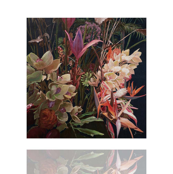 Das Acrylgemälde "Hübsche Blumen" eine wahre Augenweide. Die rosafarbenen Blumen mit grünen Akzenten erblühen auf einem kontrastreichen schwarzen Hintergrund.