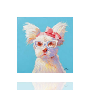 Auf einem Acrylbild sitzt ein kleines weißes Hündchen und es trätgt eine Brille und pinke Schleife. Der Hintergrund ist in der Farbe Türkis.