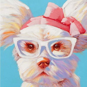 Kleines weißes Hündchen. Hunde Gemälde in den Farben weiß, pink und hellblau.