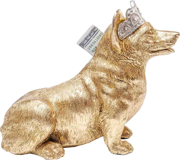 Spardose Hund, goldener Welsh Corgi Pembroke mit Krone. Corgi  war die königliche Hunderasse von Elisabeth II. Dieser royale Corgi mit Krone ist eine edle Spardose .