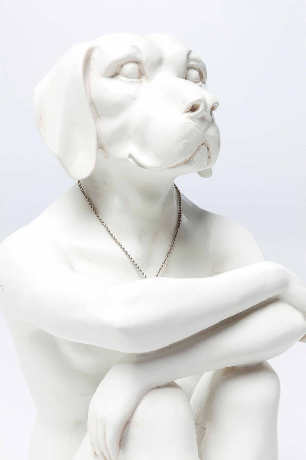 Dekofigur weiß Gangster Dog Hundekopf mit Halskette auf Männerkörper, edles Kunstobjekt.