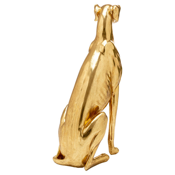 Eine goldene sitzende Windhund-Skulptur der Marke KARE, die Eleganz und Stil verkörpert. Eine edle Dekofigur auch für Hotels, Restaurants, Büros. Greyhound, Windhund Dekofigur.
