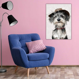 Acrylgemälde von einem Schnauzer mit Hut. Das Bild sieht sehr realistisch aus.