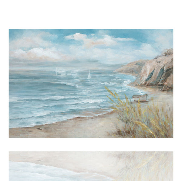 Gemälde einer wunderschönen Küstenlandschaft von Image Land. Darauf zu sehen sind Meer, Fischerboot, Klippen, Gräser und Strand