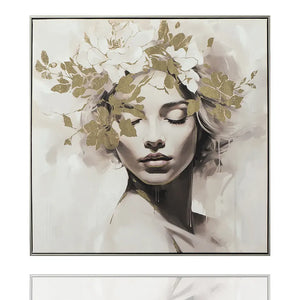 Das Gemälde zeigt ein Porträt einer jungen Frau mit goldenen Blumen in den Haaren. Das Gemälde ist in Pastellfarben gemalt.