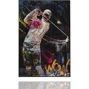 Ein Golfer ist beim Golfabschlag. Acryl gemälde mit schwarzem Hintergrund und Graffity