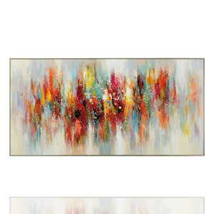 Das abstrakte Acrylgemälde irisierende Spiegelung hat die Farben rot, orange und türkis und ist in einem zarten Rahmen.