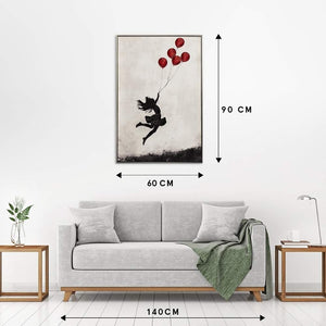 Maße vom Acrylgemälde Jumping Ballons stehen an der Wand.