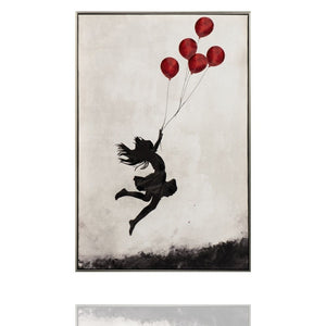 Ein Mädchen fliegt auf einem Acrylgemälde mit roten Luftballons in die Luft. Jumping Ballons heißt das Bild.