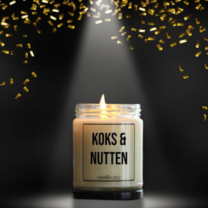 Die Koks und Nutten Duftkerze von Candle Guy steht im Rampenlicht mit goldenem Konfetti.