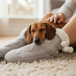 Eine Frau sitzt mit gekreuzten Beinen auf einem flauschigen, beigen Teppich. Ihre Füße stecken in gemütlichen, grauen Kuschelsocken mit weißem Plüschrand und Pompons. Auf ihren Füßen liegt ein junger, hellbrauner Dackel mit geschlossenen Augen, der sich an die Socken kuschelt, während die Frau sanft seinen Rücken streichelt.