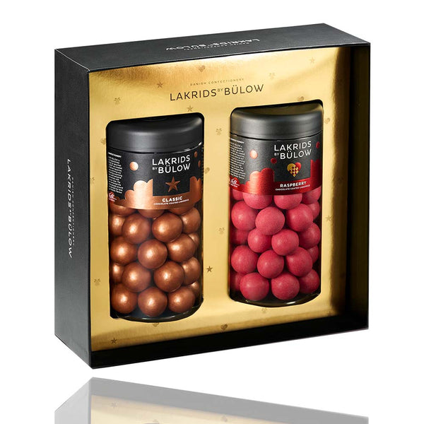 Geschenkbox von LAKRIDS by BÜLOW in den Farbe Gold Schwarz und dem Inhalt Classic und Rasperry