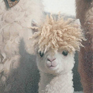 Ein Lama baby mit Kunstfell oder Kunsthaar auf dem Kopf. Ein Detailbild eines Gemäldes mit dem Namen Stylish Lama Family.