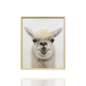 Gemälde Alpaka Lama Youngster 50x60 cm Hochformat, weißes Tierportrait mit flauschigem Kunstfell Schopf im skandinavischen Stil