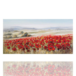 Das Gemälde fokussiert sich auf ein eindrucksvolles Feld, das von leuchtenden Mohnblumen dominiert wird. Die intensiv roten Blütenblätter strahlen förmlich vor einem sanften Hintergrund aus weiten Feldern und geschwungenen Hügeln. Diese idyllische Landschaft ehrt die Schönheit der Natur und vermittelt dem Betrachter sofort eine entspannte und friedliche Atmosphäre.