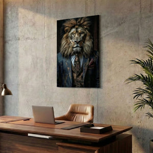 In einem Büro eines Börsenmaklers hängt an einer Wand aus Beton ein Löwe in einem edlen Anzug an der Wand. Der Löwe ist der Boss.