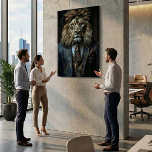 In einem modernen Büro in Frankfurt hängt das Gemälde Teamleader als Löwe im Anzug an einer Wand. Mitarbeiter bewundern ihn.