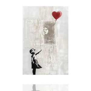 Auf einem Acrylgemälde sieht man ein kleines Mädchen, welches einen roten Herzballon steigen lässt. Das Gemälde hat Textile Komponennten.