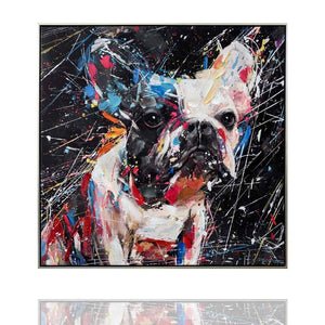 Auf  dem Acrylgemälde Love Me mit Rahmen sieht man eine traurige Französische Bulldogge oder Frenchie im Graffity Style.