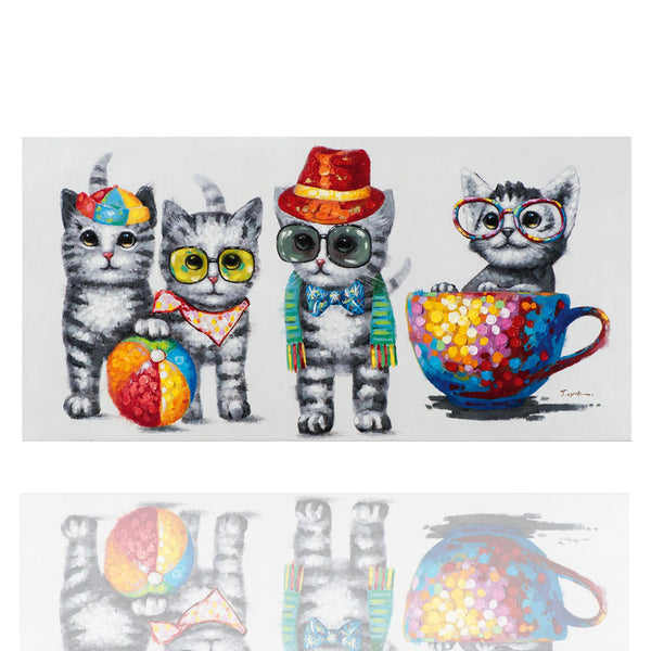 Auf dem Acryl gemälde sind Katzen mit Sonnenbrillen und unterschiedlichen bunten Kostümen zu sehen. Eine Katze sitzt in einer bunten Tasse. Bild im Querformat.