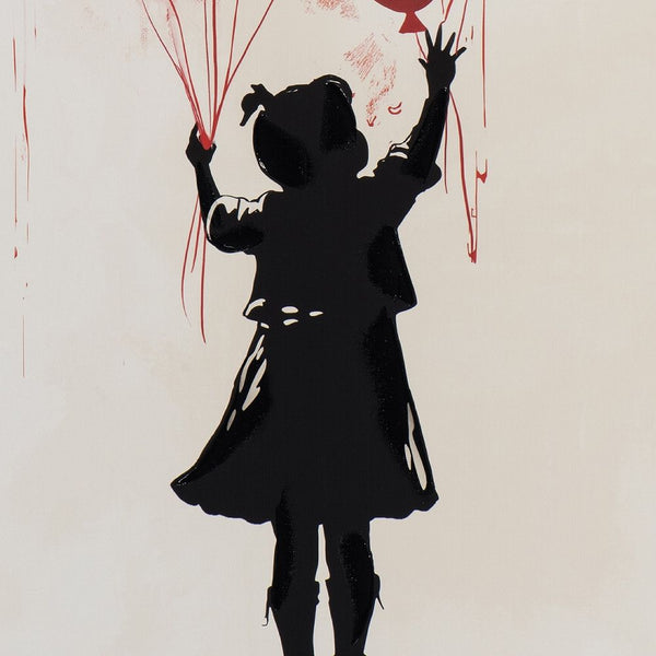 Ein Mädchen lässt auf einem Acrylgemälde Luftballons steigen.