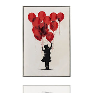 Ein Mädchen schaut roten Luftballons hinterher. Die Geschichte auf dem Acrylgemälde handelt von loslassen.