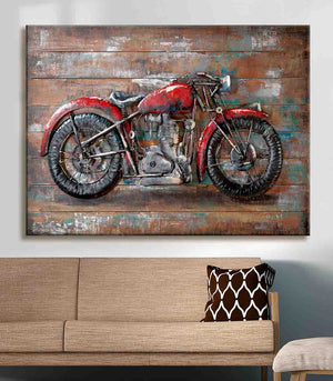 Rotes altes Motorrad auf einem rustikalen Holzhintergrund. Metallbild von Gilde