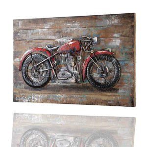 Auf einem Holzhintergrund ist ein Motorrad aus Metall. Der rote Oldtimer scheint auf dem Holz zu schweben.