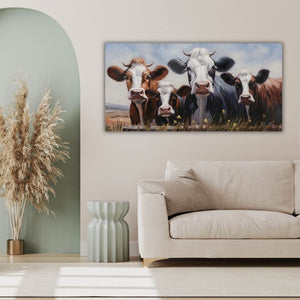 Das große Acrylgemälde Milky Four mit Kühen und Kälbchen als Wandbild über dem Esstisch im hell eingerichteten Esszimmer im Landhausstil.