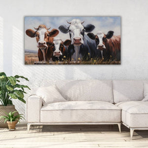 Modernes Kunst-Gemälde Milky Four mit Kühen im Großformat, dekorativ aufgehängt im hellen Wohnzimmer über einer Eckcouch, abgerundet durch grüne Zimmerpflanzen.