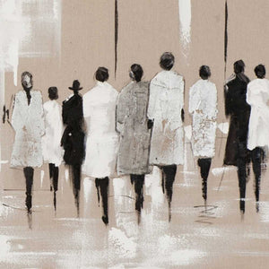 Models mit Trenchcoats auf einer Modenschau. Acrylgemälde in den Farben schwarz, silber, weiß