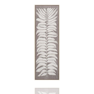 Auf dem schmalen Acrylgemälde mit Rahmen sind helle Blätter auf braunem Hintergrund zu sehen.