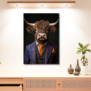 Mr. Bull nennt sich das Acrylgemälde mit dem jungen schottischen Hochlandrind im Anzug. Das Gemälde ist ideal für ein Büro.