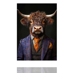Ein junger Bullse, schottisches Hochlandrind schaut von einem Acrylgemälde