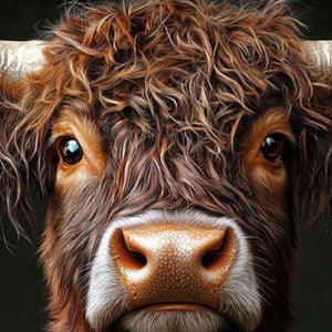 Nahaufnahme von einem schottischen Hochlandrind im Anzug welches mit Acrylfarbe gemalt wurde.