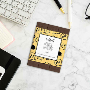 Vollmilch Schokolade mit Spruch von Wildbach. Auf der Tafel Schokolade steht Nervennahrung.