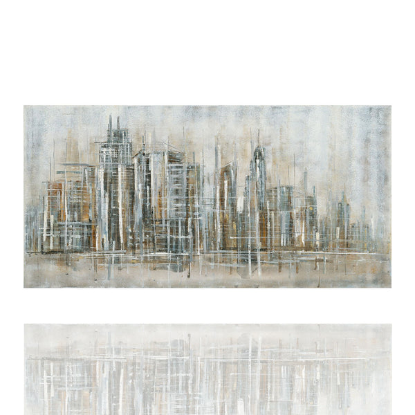 Gemälde mit der Skyline von New York die sich im Hudson River spiegelt. Moderne interpretation der pulsierenden Metropole NYC