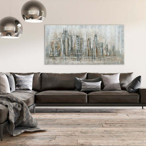  New Yorker Skyline mit dem Hudson River. Abstraktes Acrylgemälde in einem modernen Wohnzimmer 