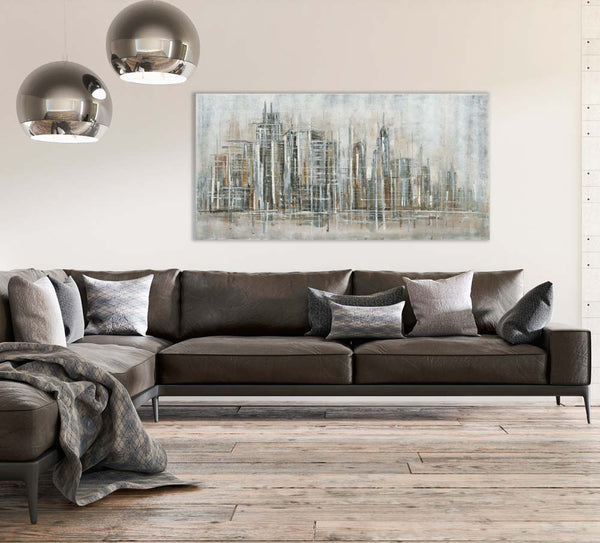  New Yorker Skyline mit dem Hudson River. Abstraktes Acrylgemälde in einem modernen Wohnzimmer 