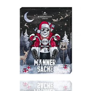 Adventskalender Männersache von Niederegger Marzipan aus Lübeck. Auf dem Kalender mit den 24 Türchen sitzt ein Nikolaus auf dem Motorrad