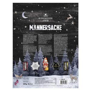 Niederegger Lübecke steht auf dem Adventskalender Männersache. Auf der Rückseite des Kalenders stehen die Pralinen die im Kalender enthalten sind und die Nährwerte und Inhaltsstoffe.
