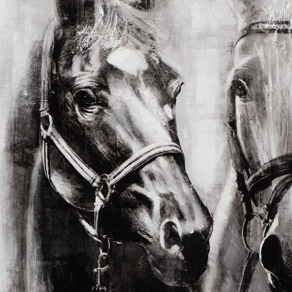 Gemalte Pferde in schwarz weiß auf einer Leinwand in Detailansicht
