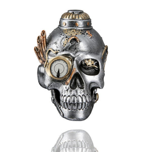 Steampunk Totenschädel silberfarben mit Auspuff, Manometer