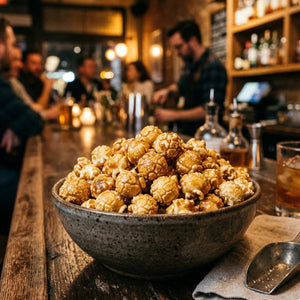 Braunes Butterkaramell Popcorn in einer Schüssel auf der Theke einer Bar