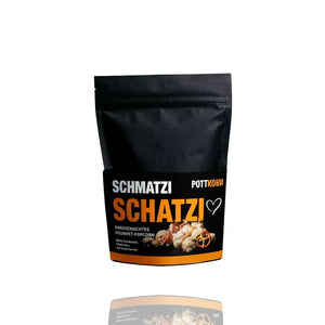 Schatzi Schmatz, weiße Schokolade mit Salzbrezel, Popcorn von Pottkorn