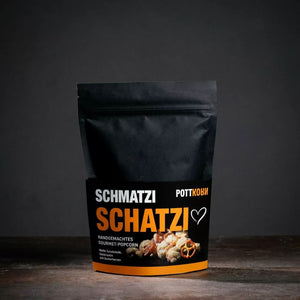 Schatzi Schmatz, weiße Schokolade mit Salzbrezel, Popcorn von Pottkorn