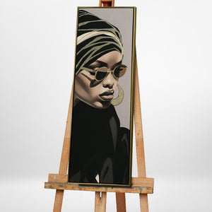 Auf einer Staffelei steht ein Frauenporträt. das schmale Bild zeigt eine arabische Schönheit mit Luxusartikel.
