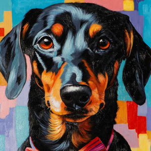 Detailverliebtes Gemälde eines wunderschönen Dackelrüden. er kurzbeinige Jagdhund könnte auf den namen Bodo oder Waldo hören.